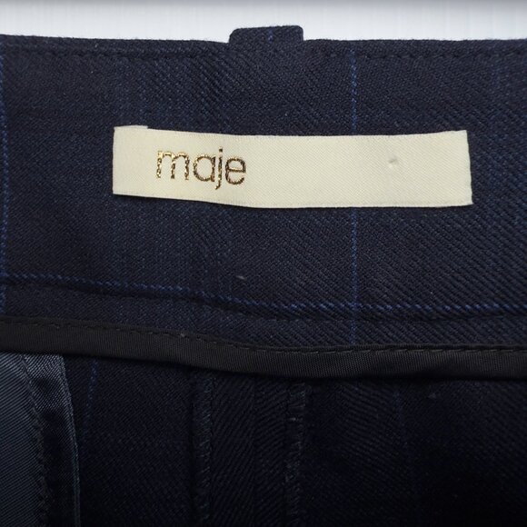 MAJE Preppy Plaid Academia Office Crop Pleated Navy Blue Trousers Pants Size 34 - Picture 10 of 13